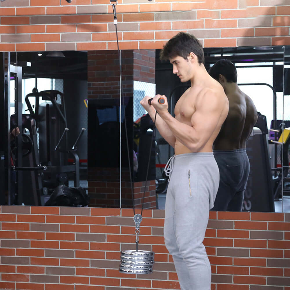 Man performing strength training with Fitness Arm Muscle Blaster, enhancing biceps and forearms in a gym setting.
