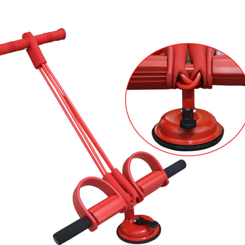 Red latex foot elastic pull rope expander pedal for fitness exercises, featuring sturdy handles and suction base.