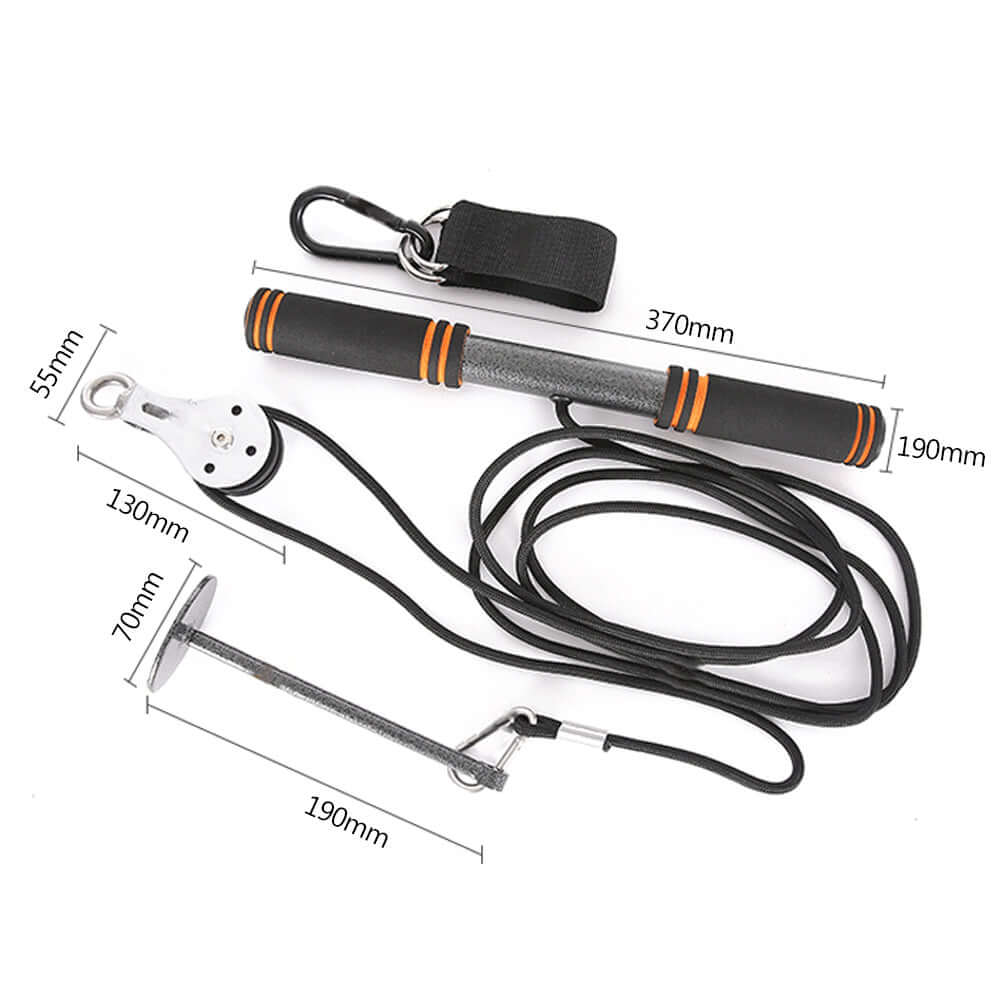 Fitness arm trainer equipment with steel bar, EVA grips, nylon rope, and weight attachment for home workouts.