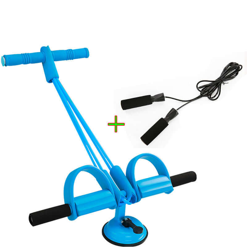Blue latex foot elastic pull rope expander pedal resistance band for fitness exercises and sit-ups.