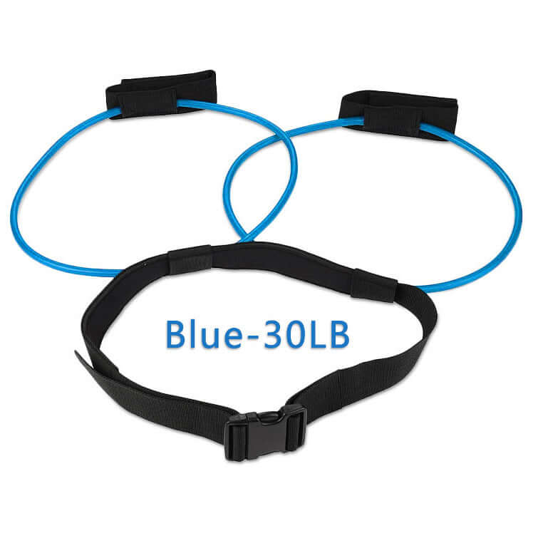 Adjustable resistance bands with blue straps and a black waist belt, designed for fitness exercises.