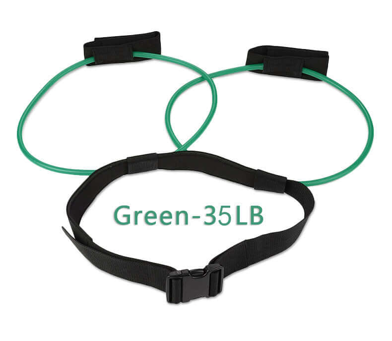 Adjustable waist belt with green 35LB resistance bands and foot straps for professional fitness workouts.
