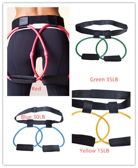 Adjustable fitness butt bands with resistance tubes in red, green, blue, and yellow, designed for effective workouts.