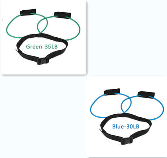 Adjustable resistance bands with green 35LB and blue 30LB for fitness workouts and pedal exercises.