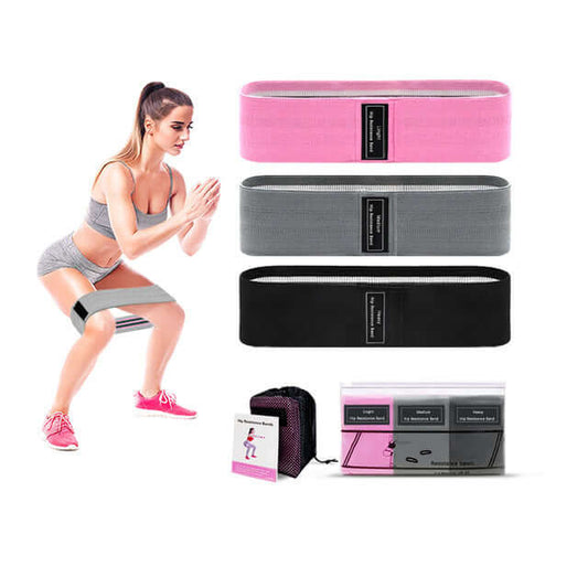 Fabric resistance bands in pink, gray, and black displayed with fitness model demonstrating exercise.