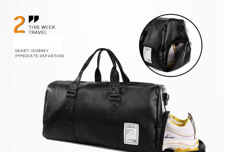 Men's and women's sports fitness bag in waterproof PU fabric with shoe compartment and diagonal straps.