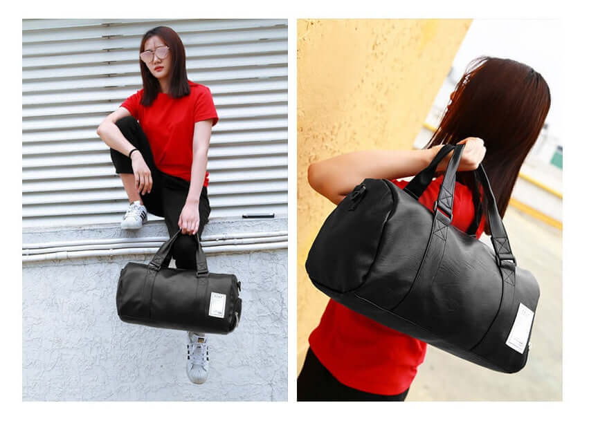 Stylish black sports fitness bag shown with model, perfect for carrying shoes and gear, made from waterproof PU fabric.