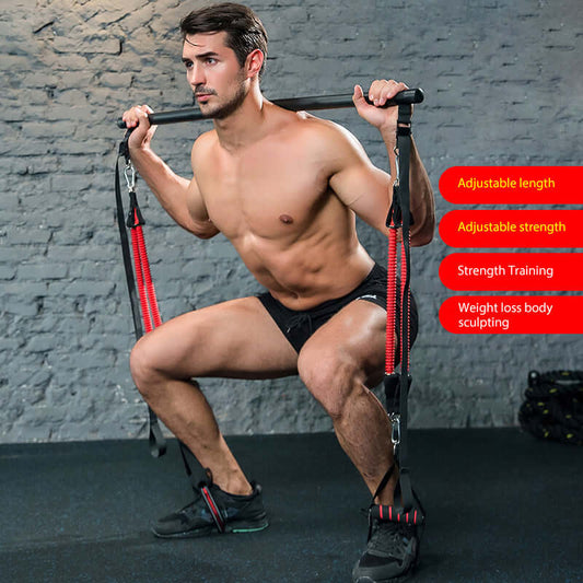 Man performing squats with a Body Workout Trainer Bar and resistance bands for strength training and body sculpting.