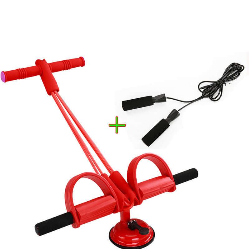 Red latex foot elastic pull rope expander pedal resistance band with jump rope for fitness exercises.