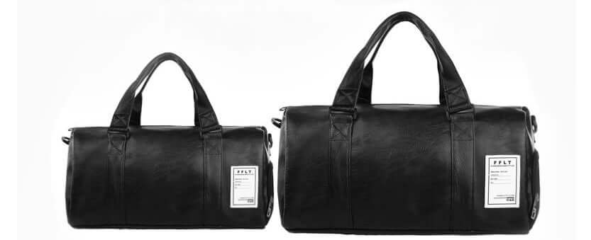 Men's and women's waterproof sports fitness bags in black, showing two sizes, ideal for carrying shoes and gym essentials.