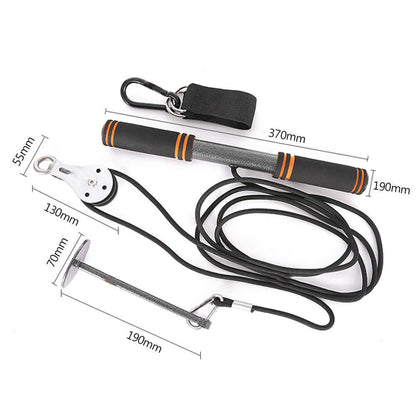 Fitness arm trainer equipment with steel bar, EVA grips, nylon rope, and weight attachment for home workouts.