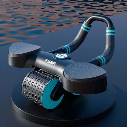 Abdominal wheel with ergonomic handles on a sleek surface, designed for home fitness and core strength training.