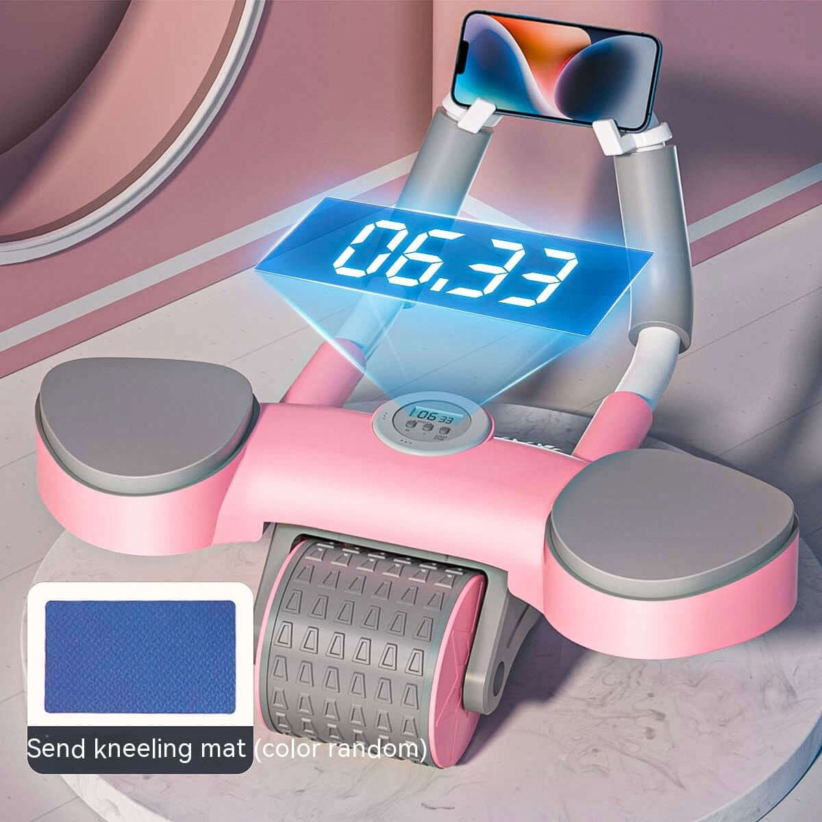 Abdominal wheel fitness equipment in pink with digital display, includes kneeling mat, ideal for home workouts.