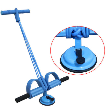 Blue pedal resistance band with ergonomic handles and suction base for effective fitness workouts.