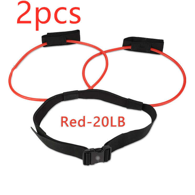 Adjustable resistance bands set with waist belt for fitness workouts, includes two 20LB tubes in red.