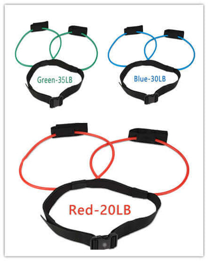 Various colored resistance bands with adjustable waist belts, labeled for different weight capacities.