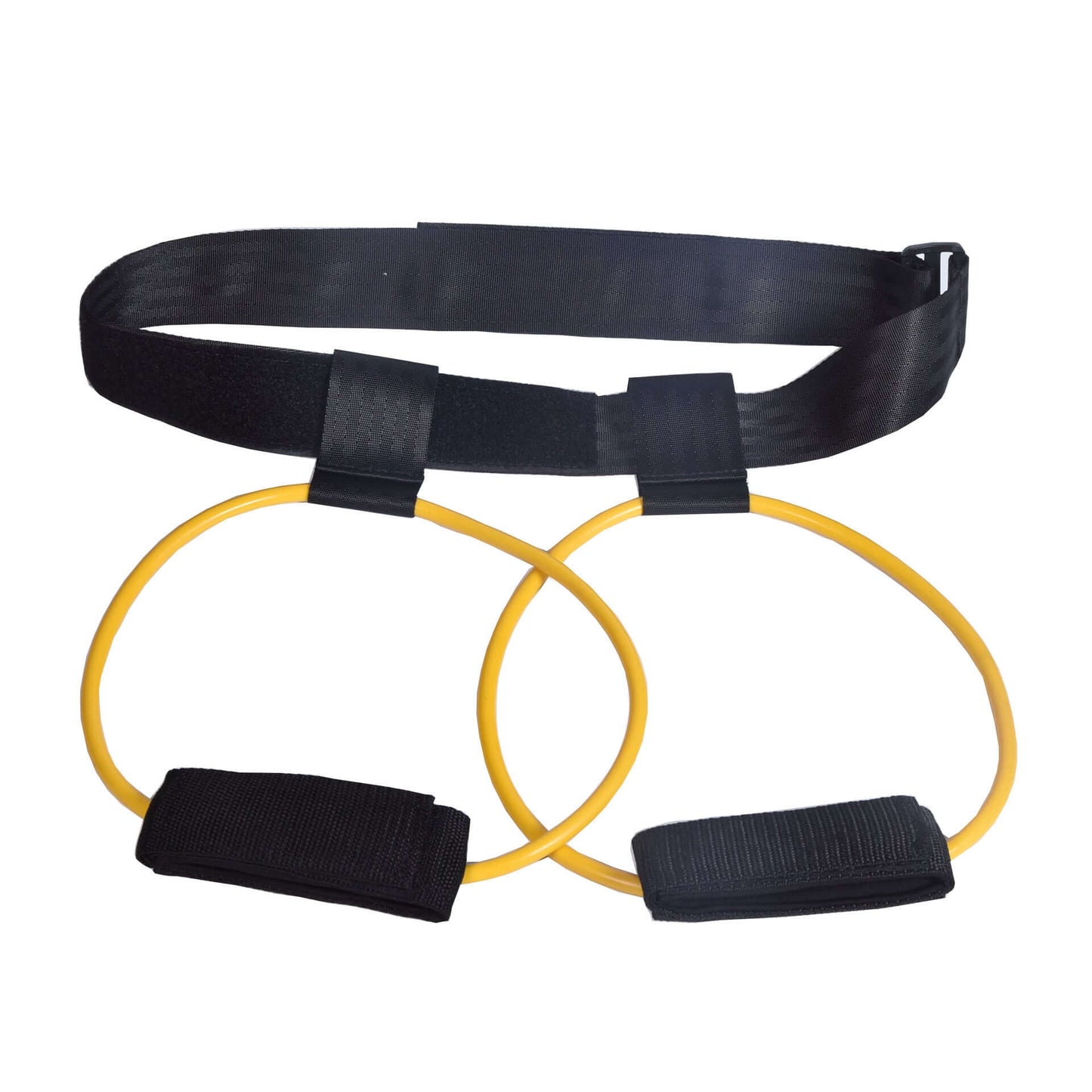 Adjustable waist belt with yellow resistance bands and foot straps for fitness workouts.
