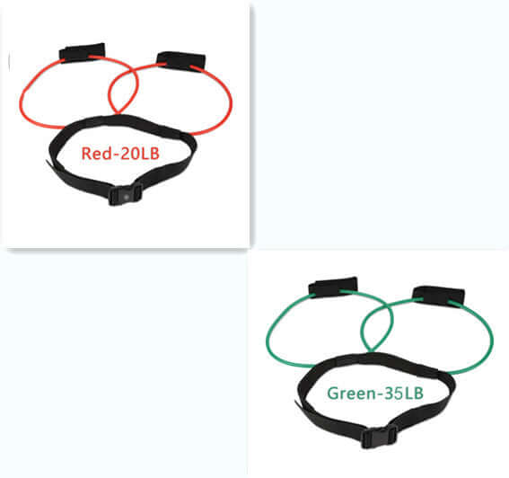 Adjustable resistance bands for fitness, featuring red 20LB and green 35LB options for various workouts.