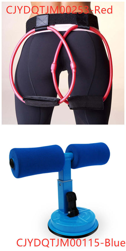 Adjustable resistance bands for fitness training with comfortable foot straps and pedal exerciser in red and blue.