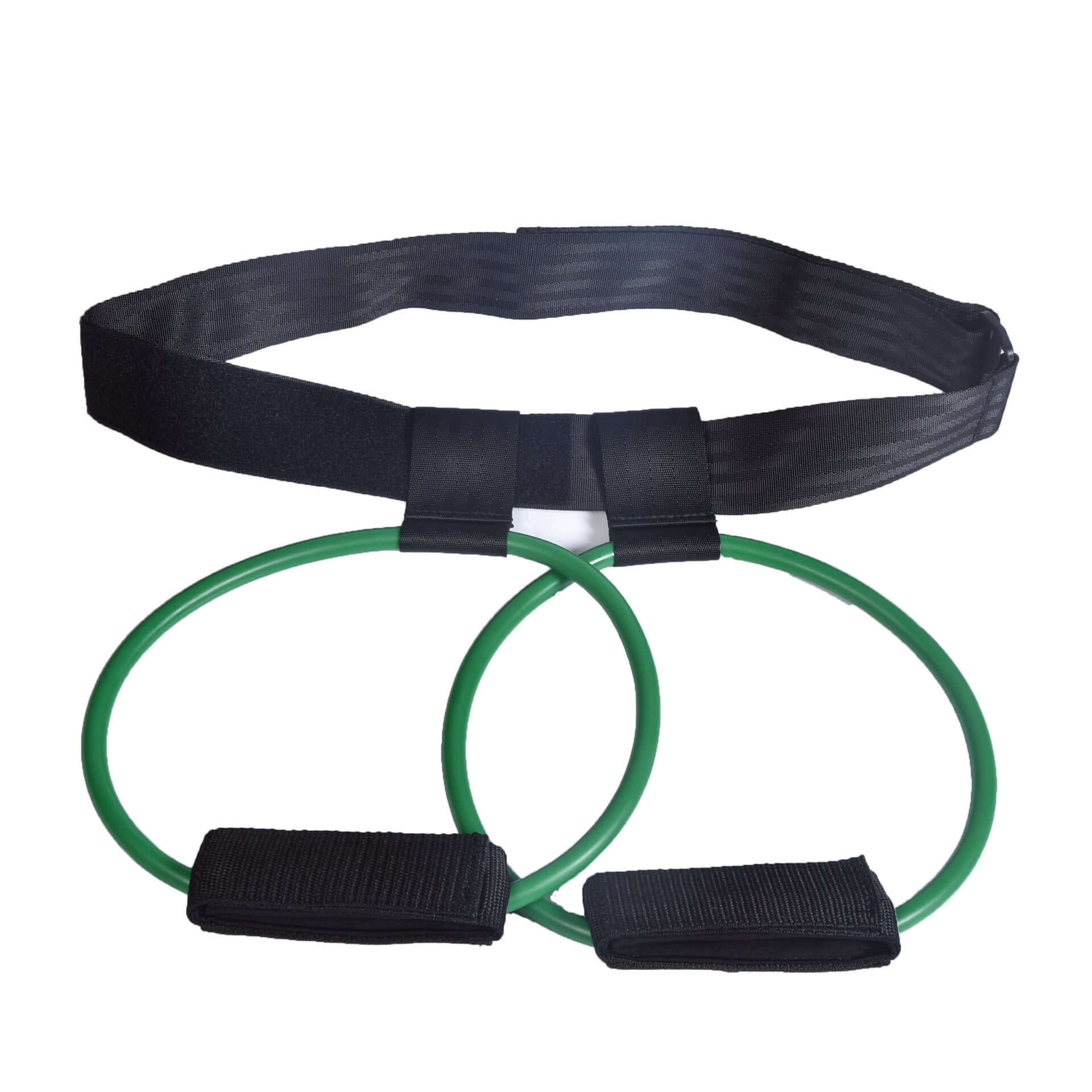 Adjustable waist belt with green resistance bands for fitness, ideal for butt and leg exercises, designed for comfort.
